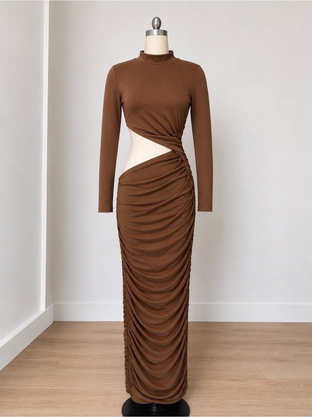 NWT Cutout Ruched Long Sleeve Midi Dress — Brown